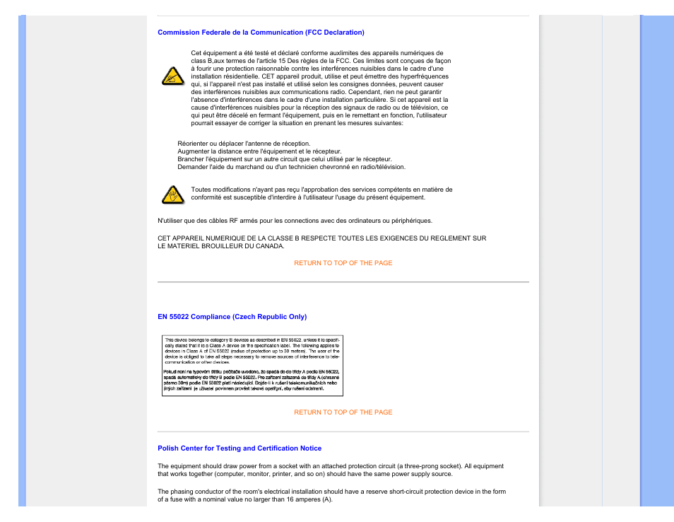 En 55022 compliance (czech republic only), Polish center for testing and certification notice | Philips Brilliance LCD monitor with Ergo base USB Audio 240B1CS 24"w B-line 1920x1200 - Format 1610 User Manual | Page 16 / 96