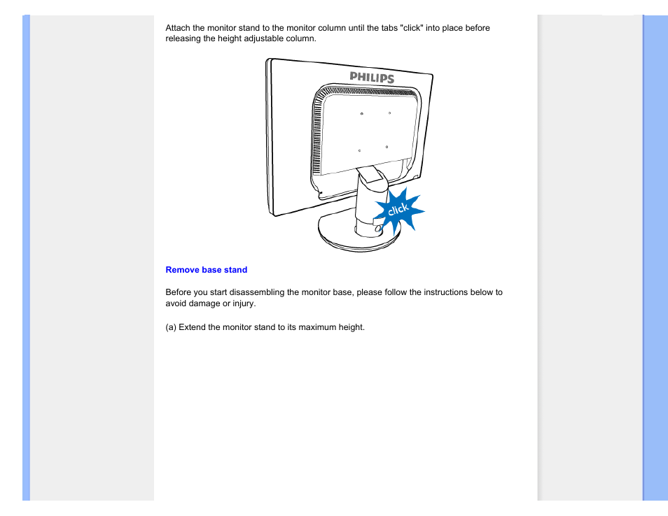 Remove base stand | Philips Brilliance LCD monitor with Ergo base USB Audio 240B1CS 24"w B-line 1920x1200 - Format 1610 User Manual | Page 62 / 96