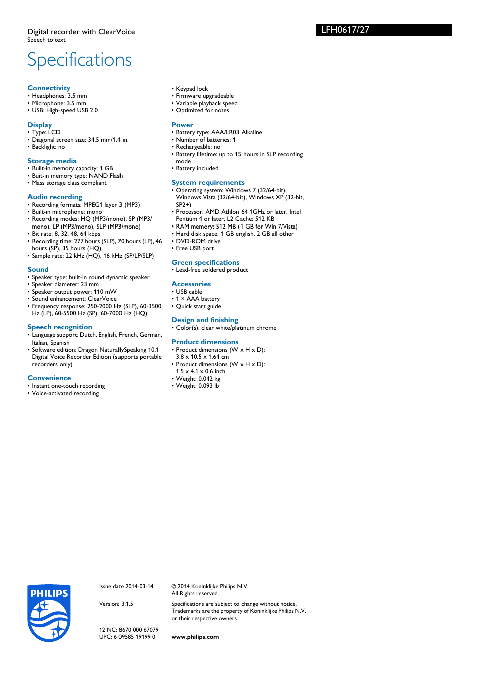 Specifications | Philips LFH0617-27B User Manual | Page 3 / 3