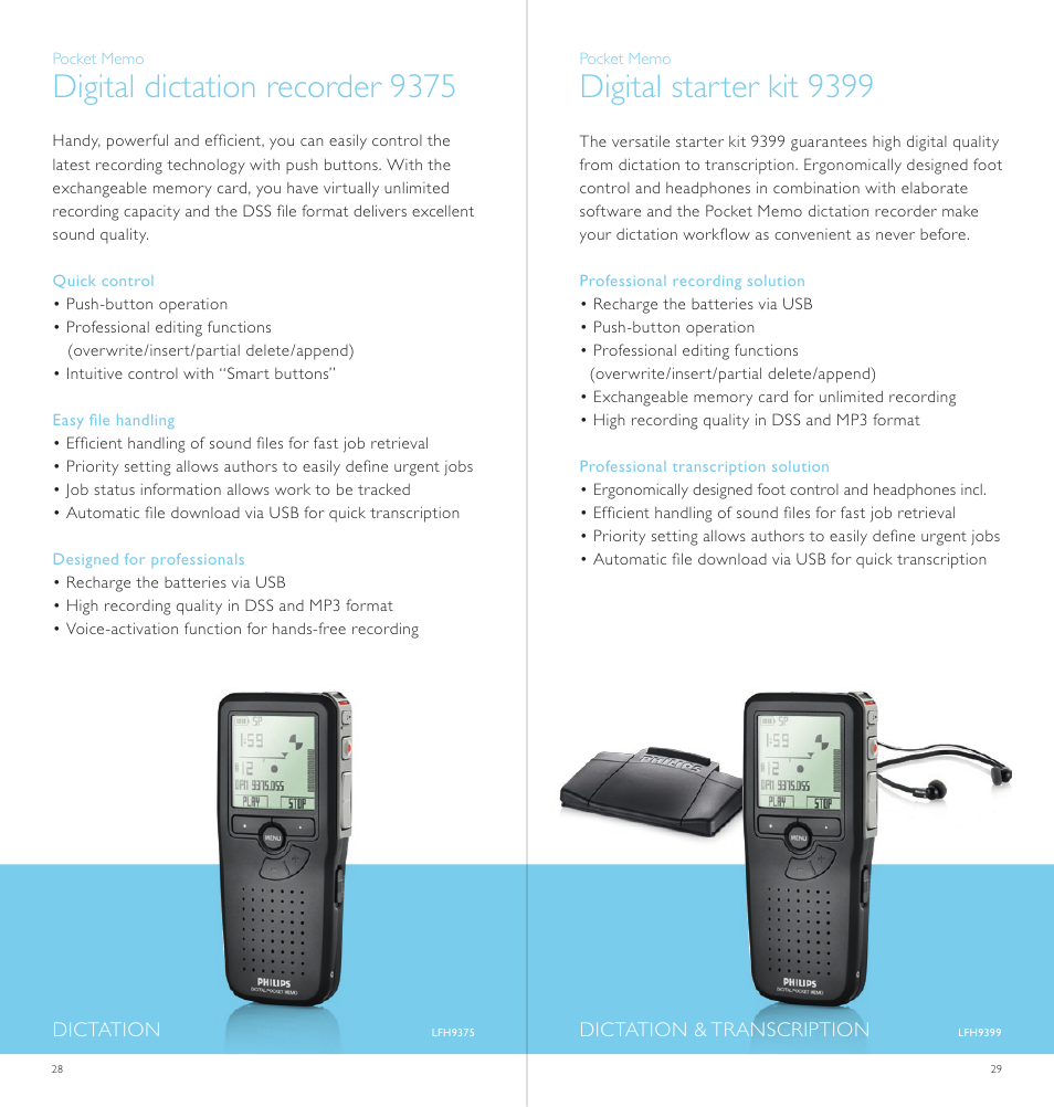 Digital dictation recorder 9375, Digital starter kit 9399, Digital dictation recorder 9380 | Digital starter kit 9398 | Philips LFH0868-00 User Manual | Page 15 / 20