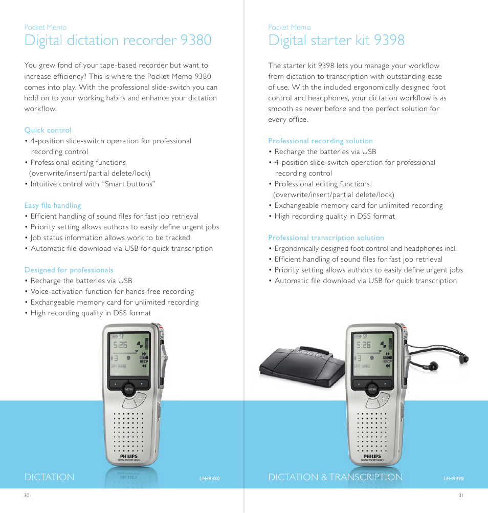 Digital dictation recorder 9380, Digital starter kit 9398 | Philips LFH0868-00 User Manual | Page 16 / 20