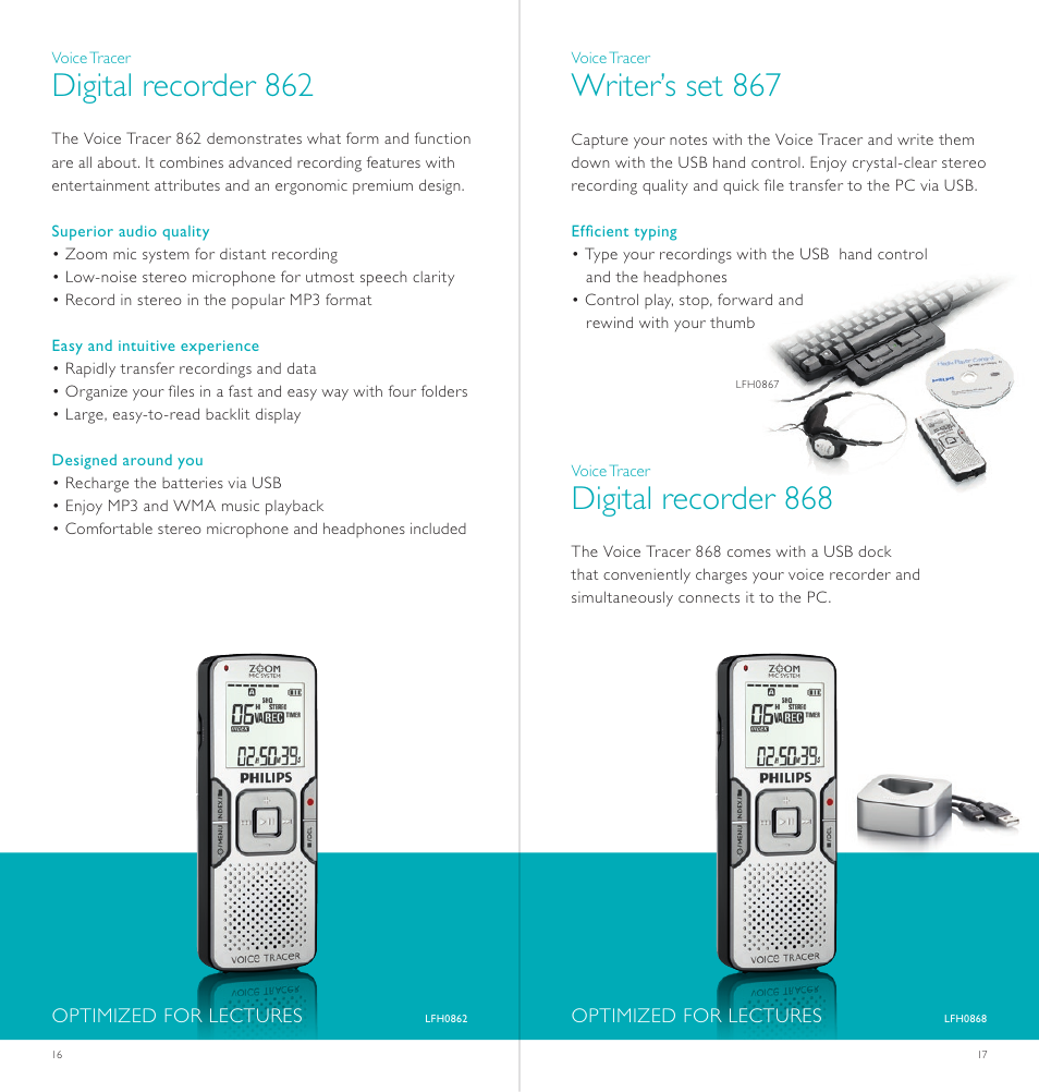 Digital recorder 862, Writer’s set 867, Digital recorder 868 | Philips LFH0868-00 User Manual | Page 9 / 20