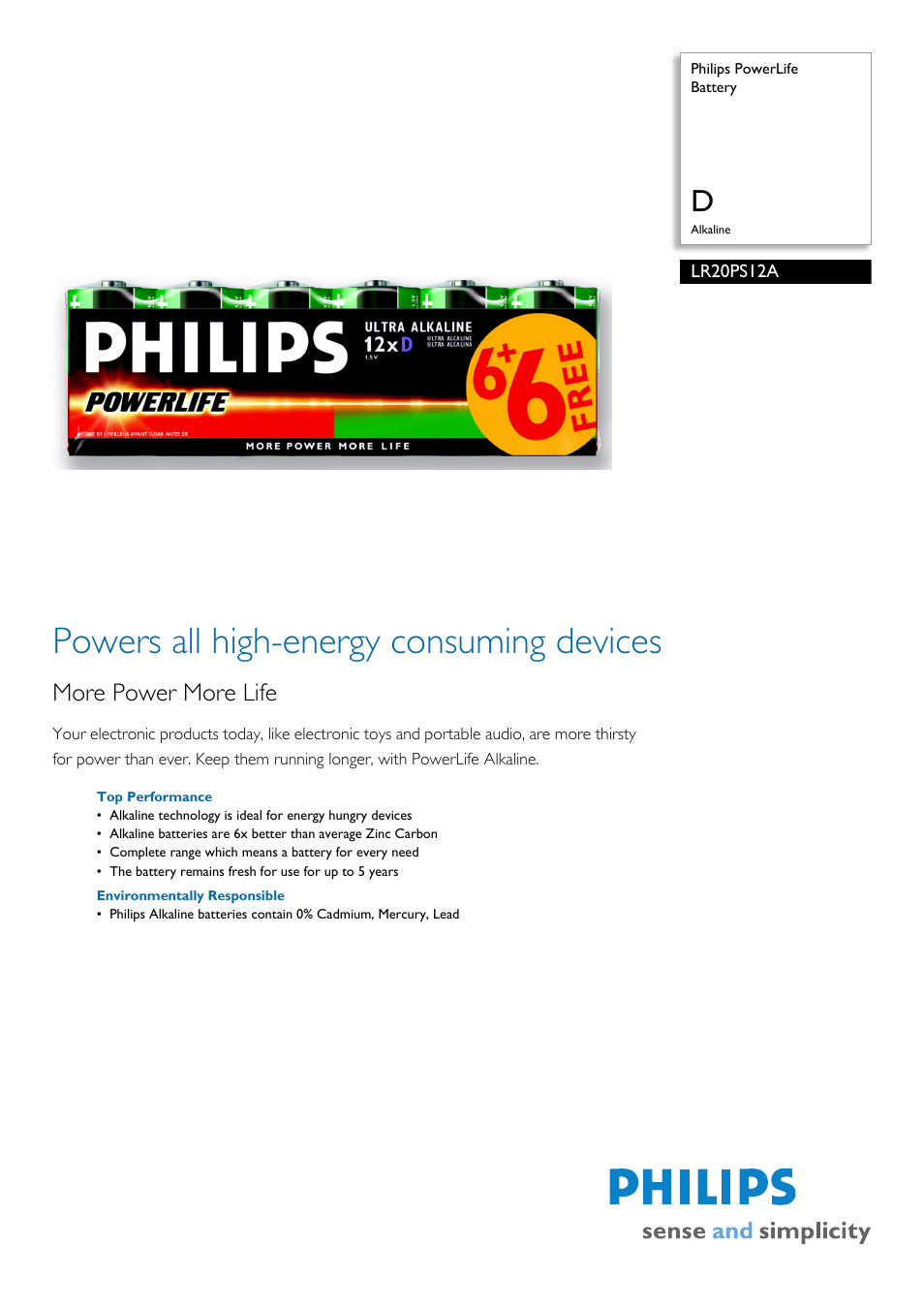 Philips PowerLife Battery LR20PS12A D Alkaline User Manual | 2 pages