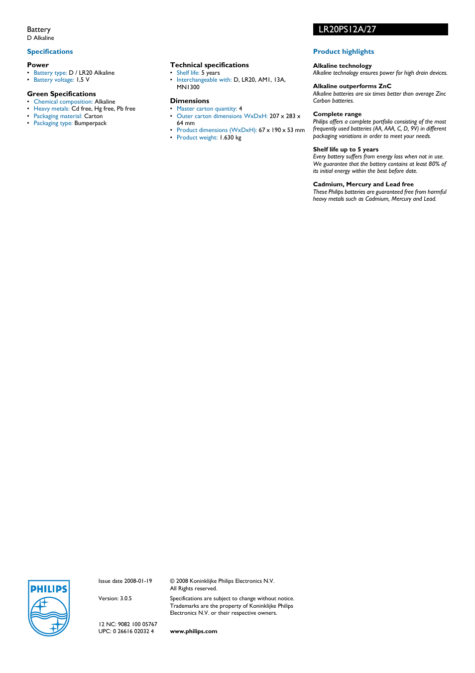 Philips PowerLife Battery LR20PS12A D Alkaline User Manual | Page 2 / 2