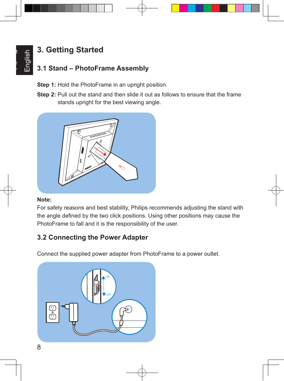 Getting started, English 8 english, 1 stand – photoframe assembly | 2 connecting the power adapter | Philips PhotoFrame SPF3407D 17.8 cm 7" LCD 43 screen ratio Brown User Manual | Page 16 / 96