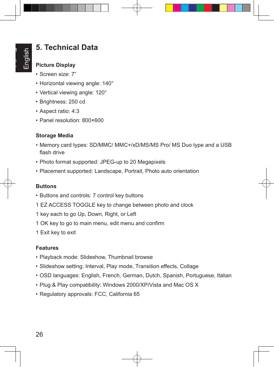 Technical data | Philips PhotoFrame SPF3407D 17.8 cm 7" LCD 43 screen ratio Brown User Manual | Page 34 / 96