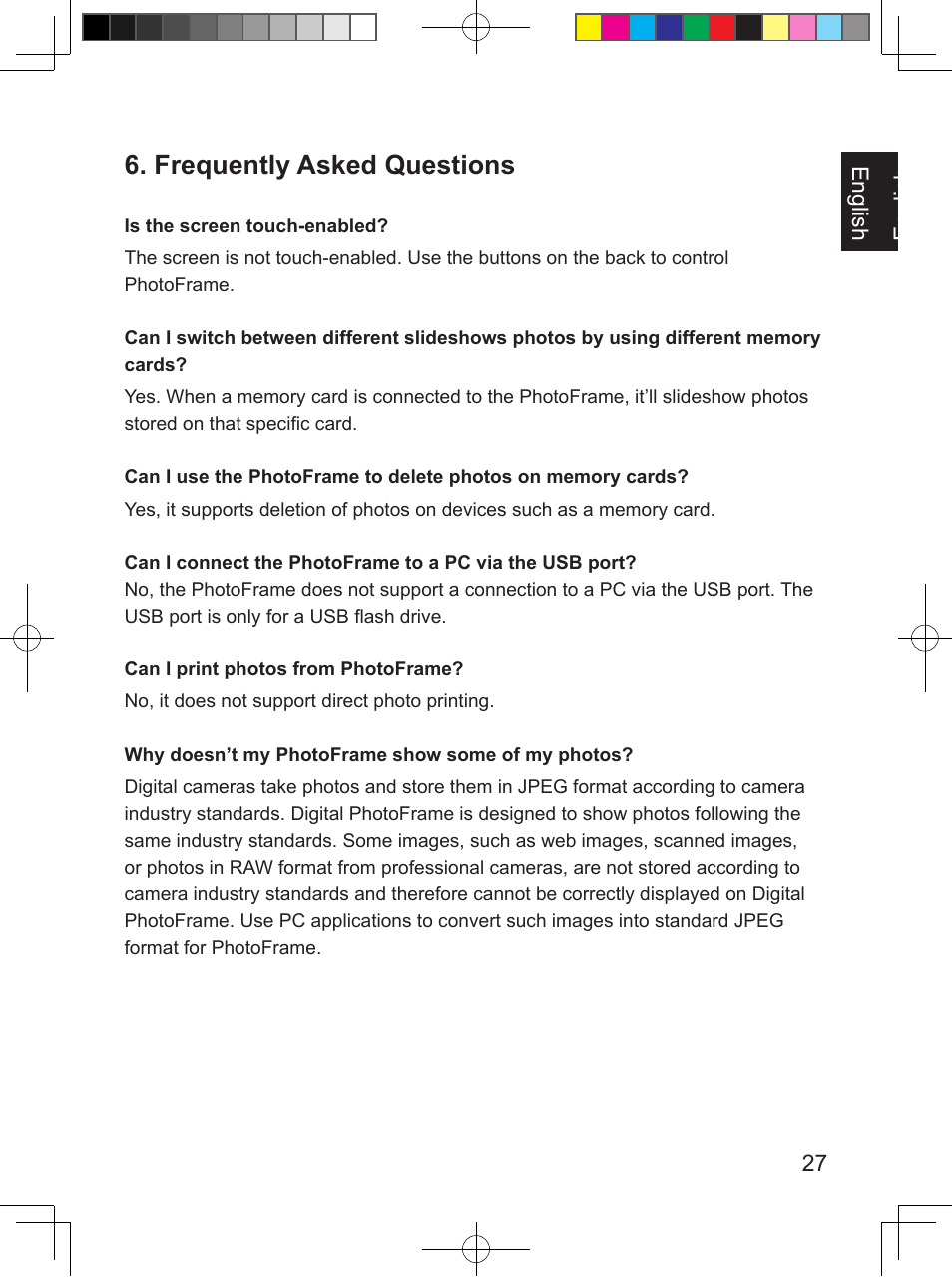 Frequently asked questions | Philips PhotoFrame SPF3407D 17.8 cm 7" LCD 43 screen ratio Brown User Manual | Page 35 / 96