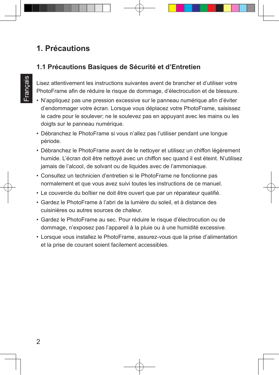 Précautions | Philips PhotoFrame SPF3407D 17.8 cm 7" LCD 43 screen ratio Brown User Manual | Page 38 / 96