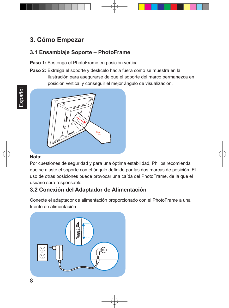 Cómo empezar, 8español, 1 ensamblaje soporte – photoframe | 2 conexión del adaptador de alimentación | Philips PhotoFrame SPF3407D 17.8 cm 7" LCD 43 screen ratio Brown User Manual | Page 72 / 96