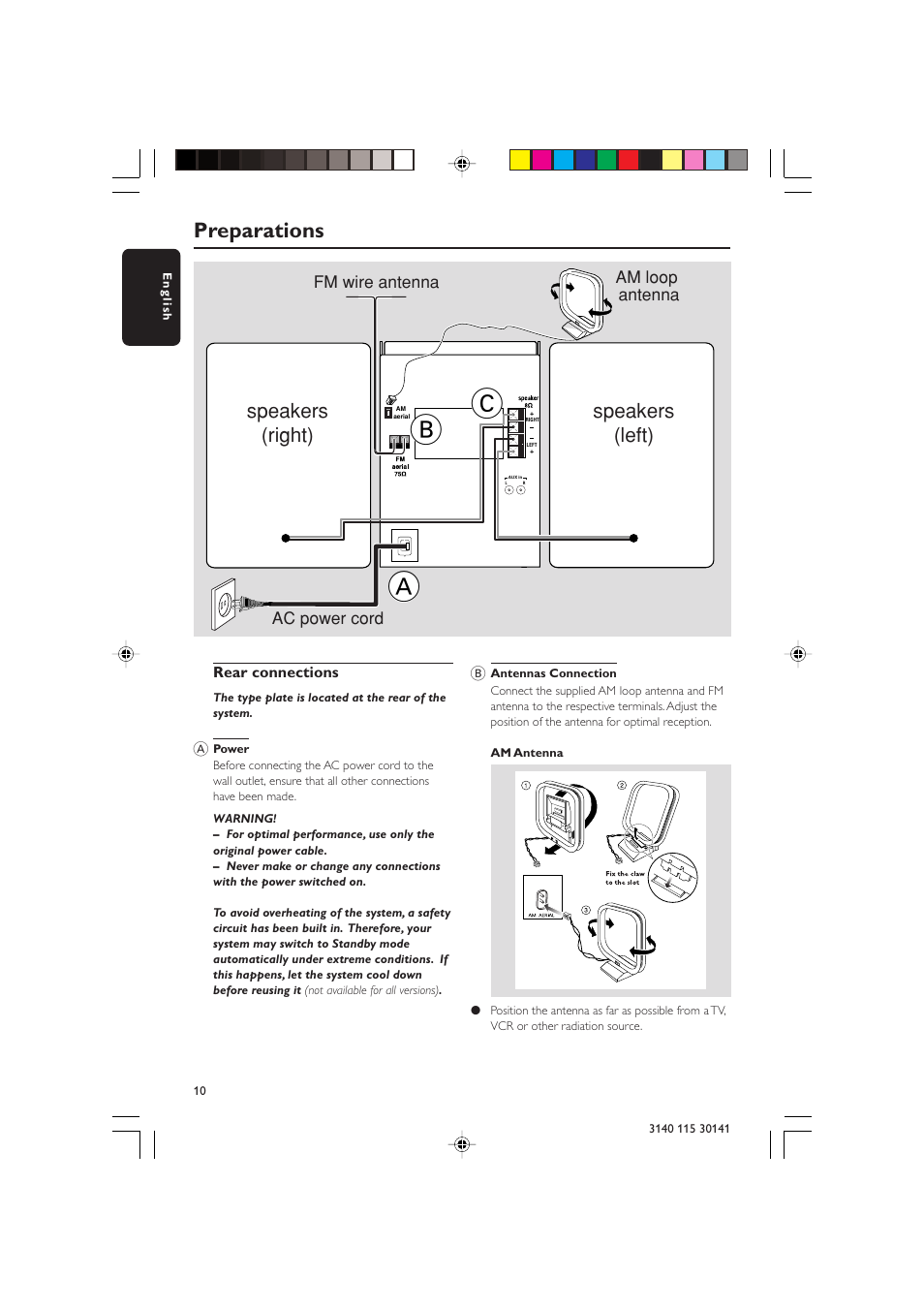 Ab c, Preparations, Speakers (right) speakers (left) | Philips MC-220-37B User Manual | Page 10 / 23