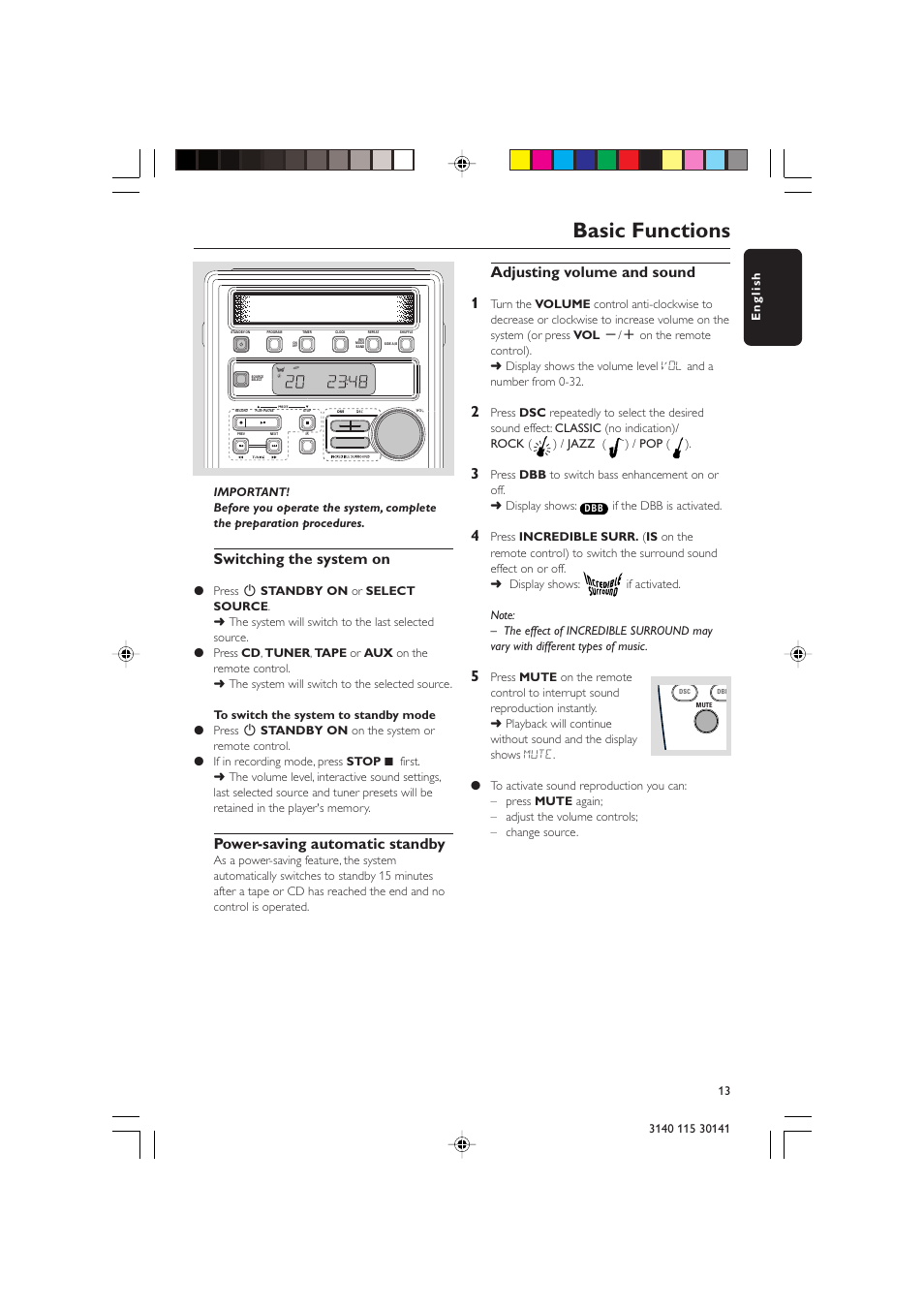 Basic functions, Switching the system on, Power-saving automatic standby | Adjusting volume and sound 1 | Philips MC-220-37B User Manual | Page 13 / 23