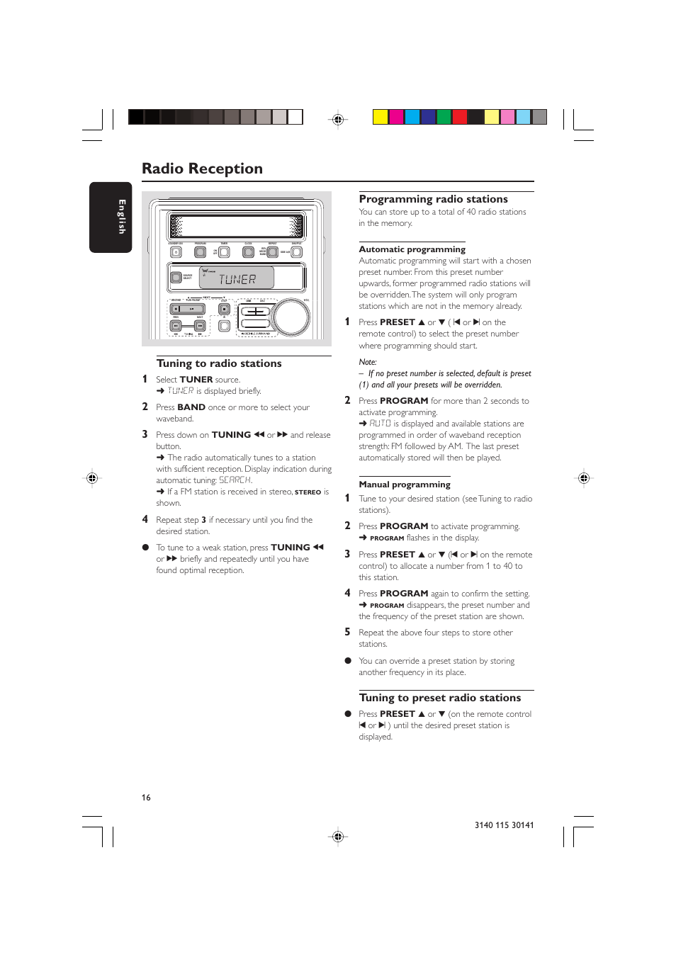 Radio reception, Tuning to radio stations 1, Programming radio stations | Tuning to preset radio stations | Philips MC-220-37B User Manual | Page 16 / 23