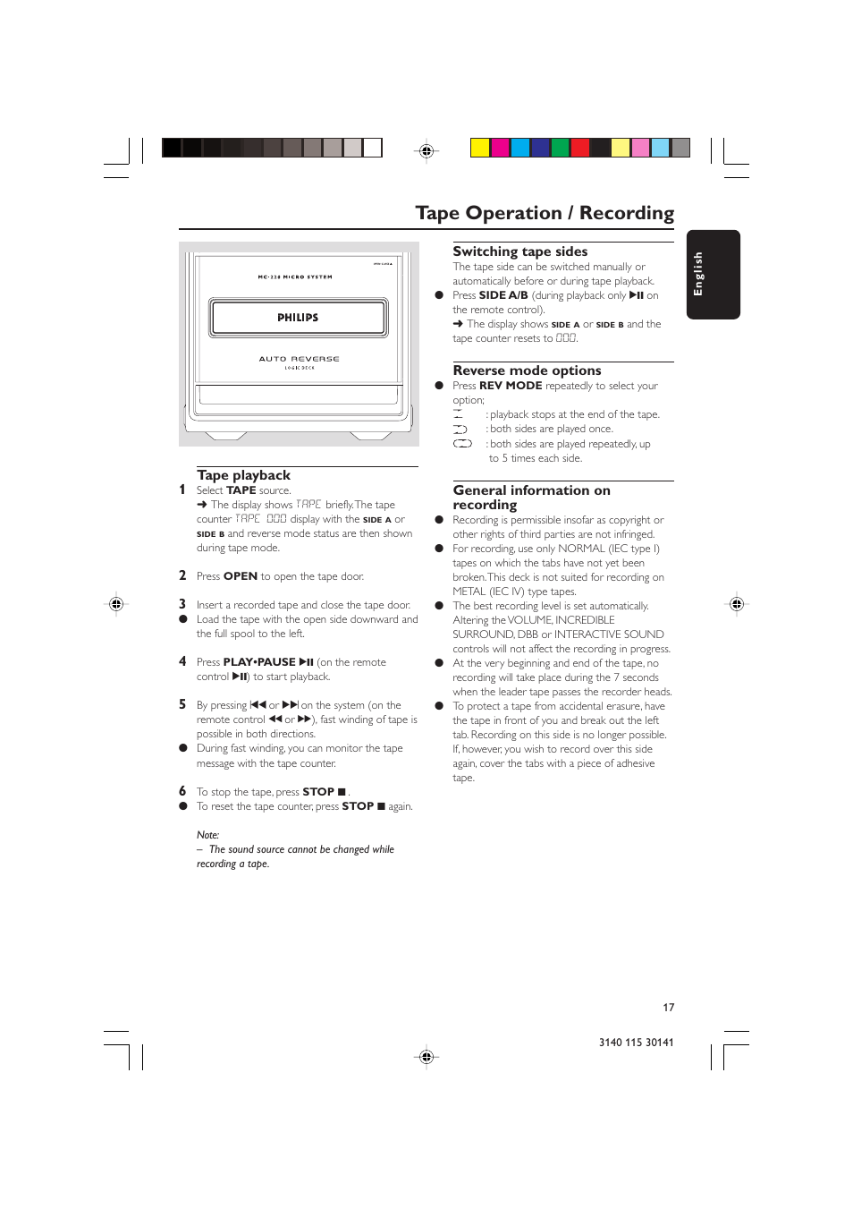 Tape operation / recording, Tape playback 1, Switching tape sides | Reverse mode options, General information on recording | Philips MC-220-37B User Manual | Page 17 / 23