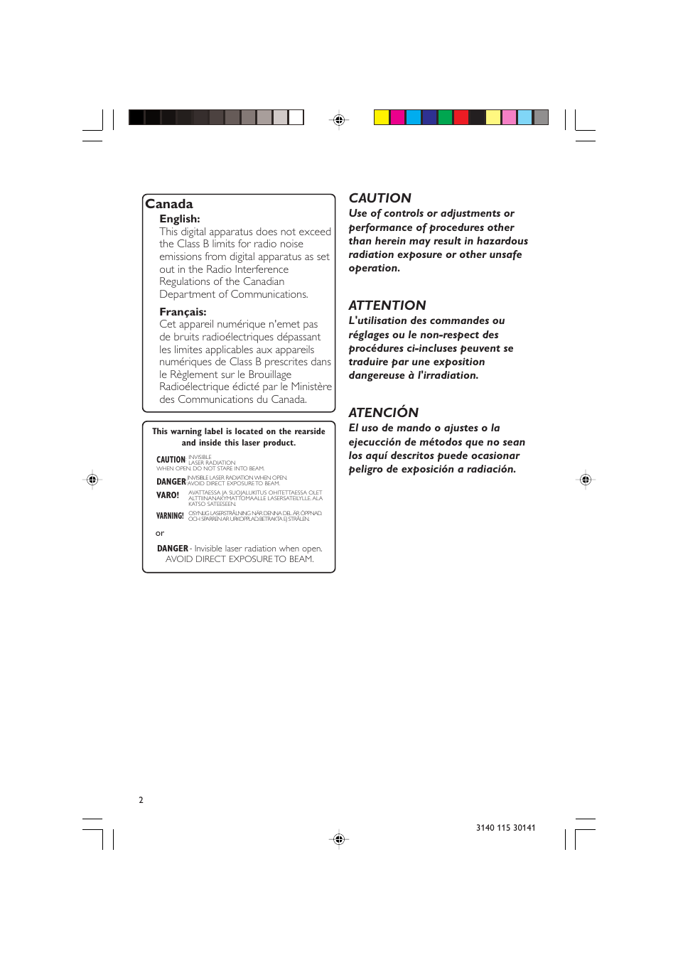 Canada, Caution, Attention | Atención | Philips MC-220-37B User Manual | Page 2 / 23