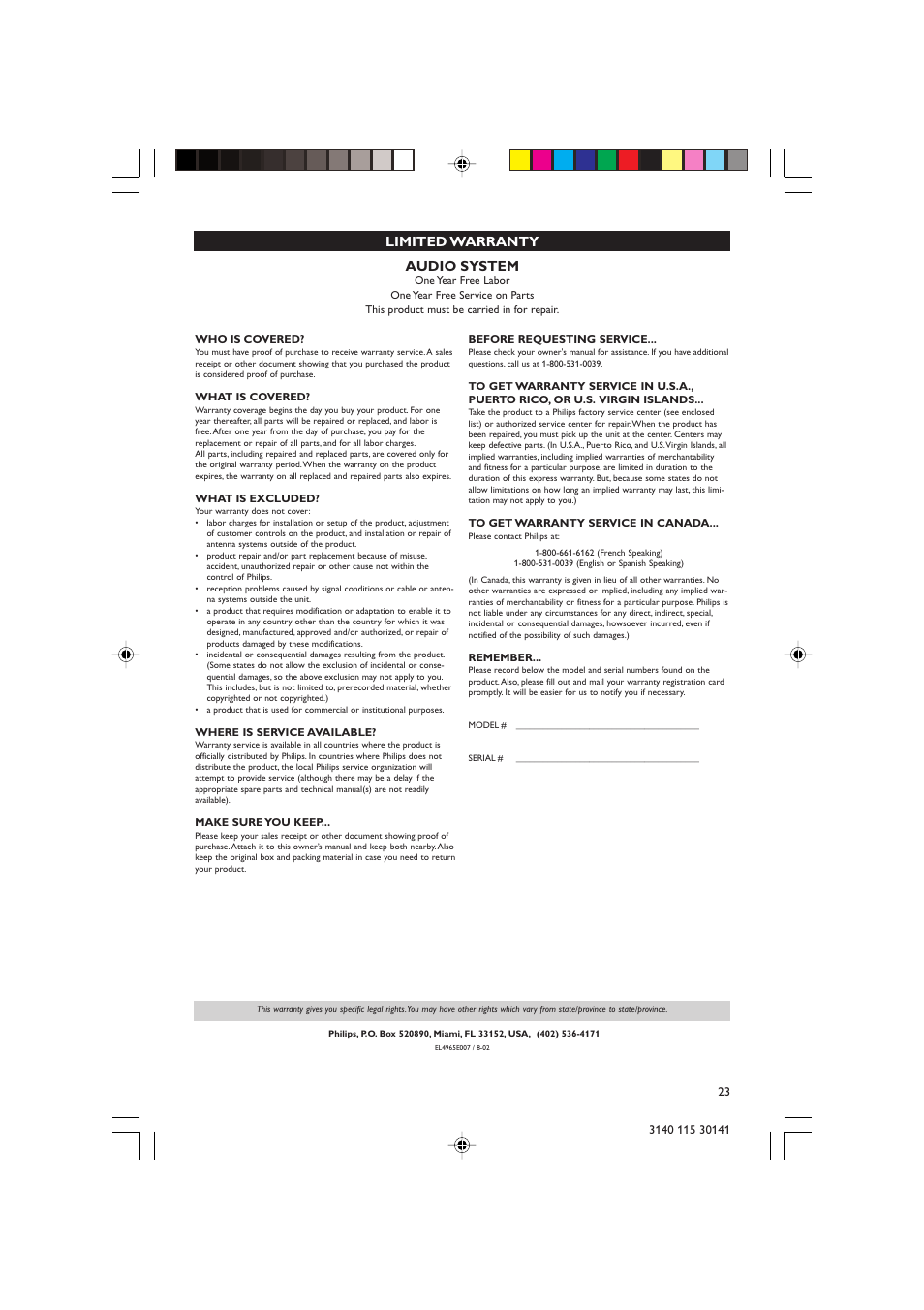 Audio system, Limited warranty | Philips MC-220-37B User Manual | Page 23 / 23