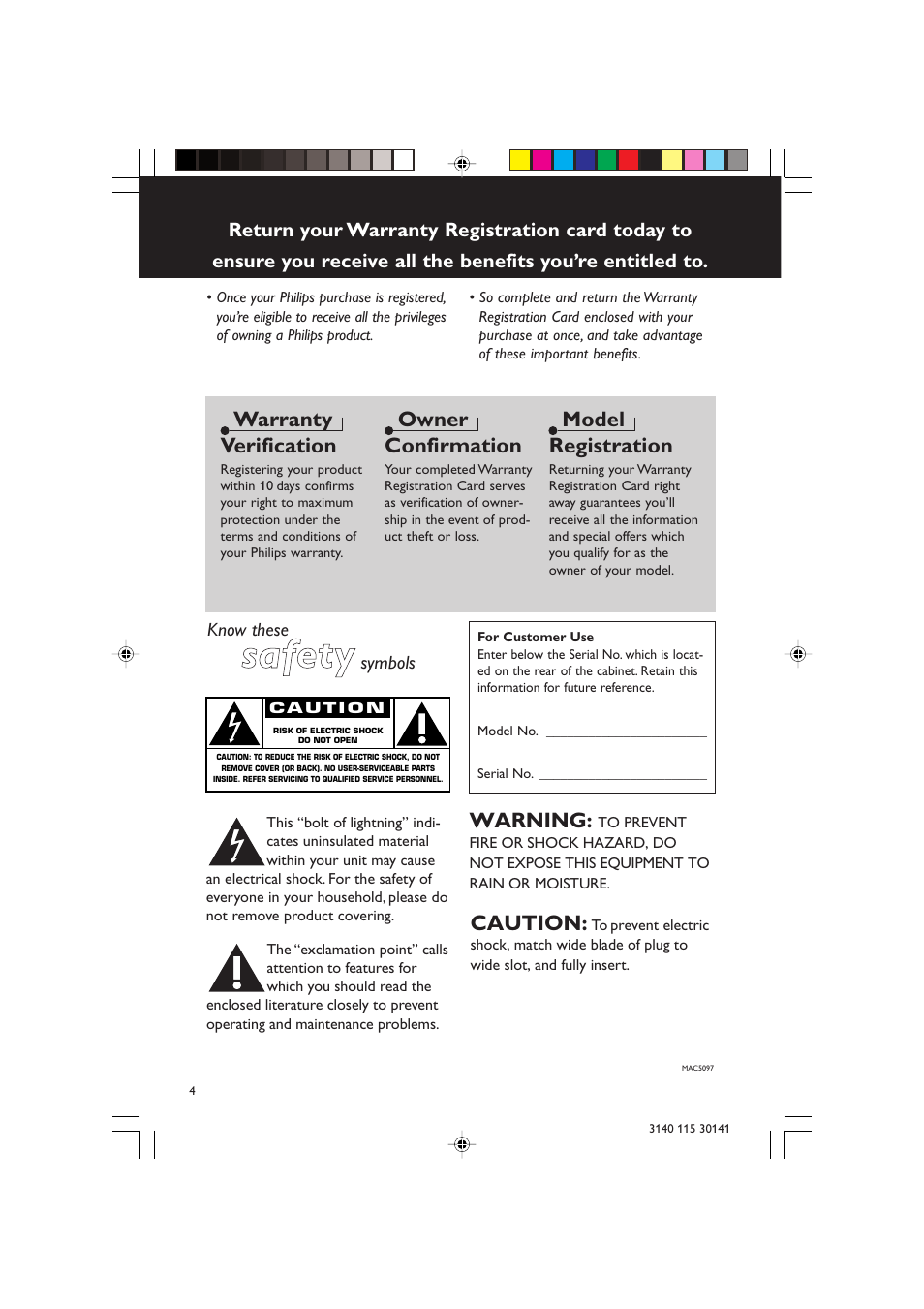 Ssa affe etty y, Warranty verification, Owner confirmation | Model registration, Warning, Caution | Philips MC-220-37B User Manual | Page 4 / 23