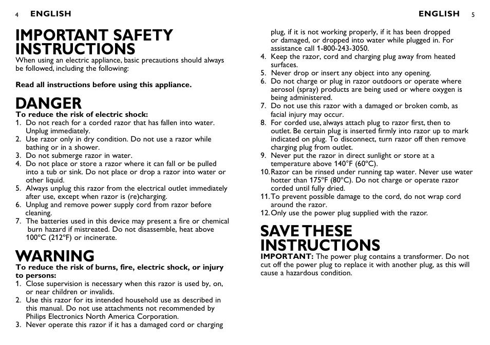Save these instructions, Important safety instructions, Danger | Warning | Philips PT724-41 User Manual | Page 3 / 13