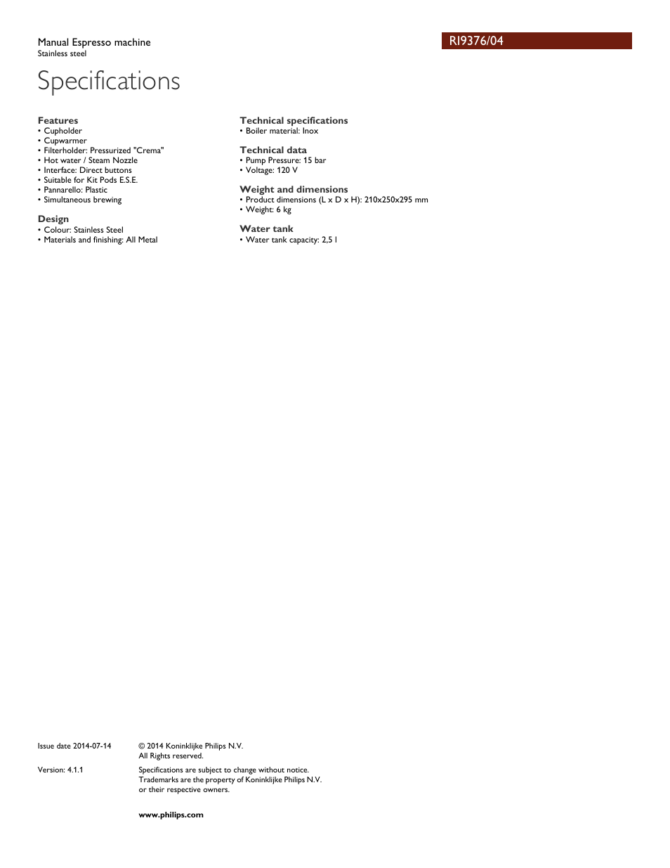 Specifications | Philips RI9376-04 User Manual | Page 3 / 3