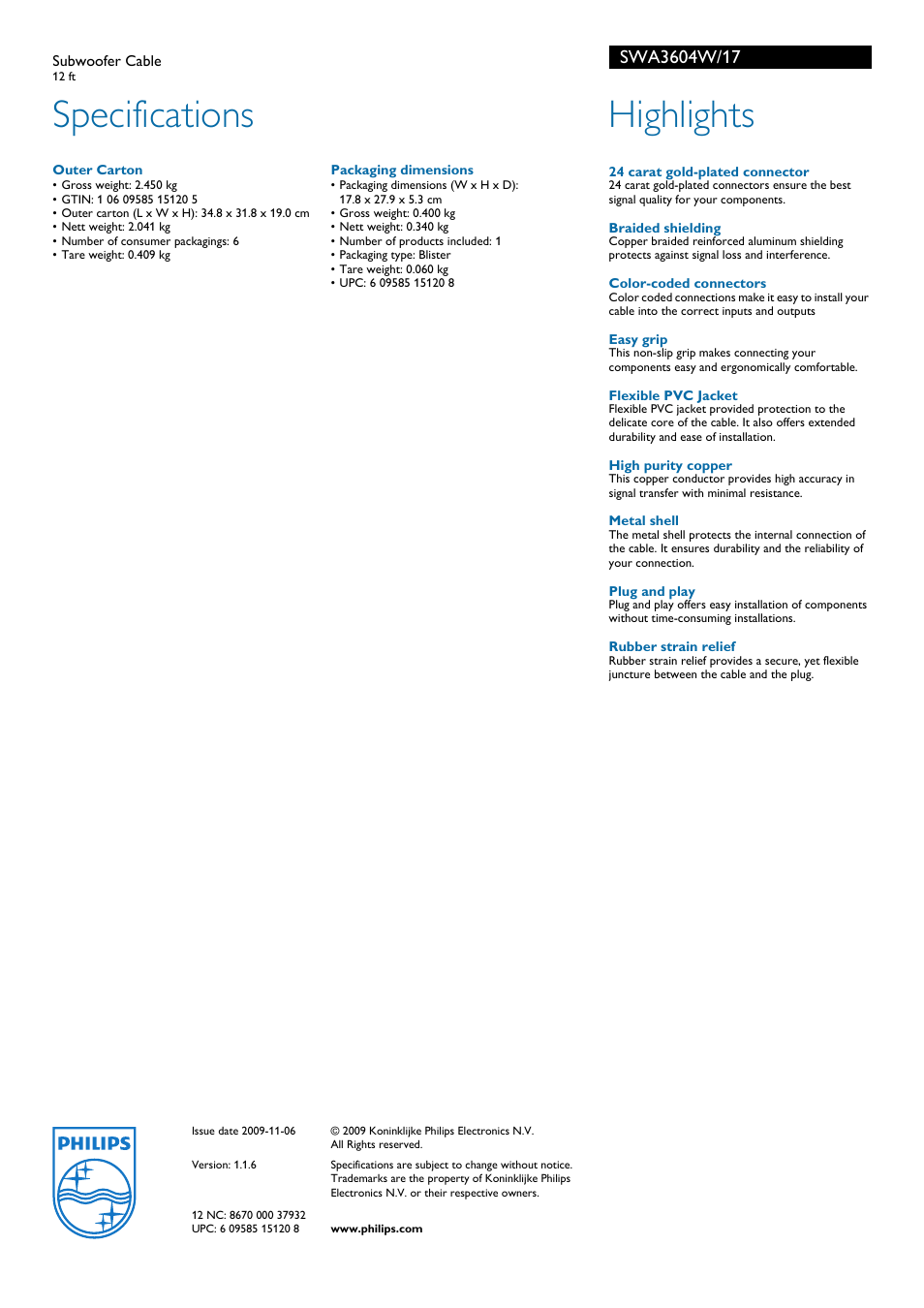 Specifications, Highlights | Philips SWA3604W-17 User Manual | Page 2 / 2