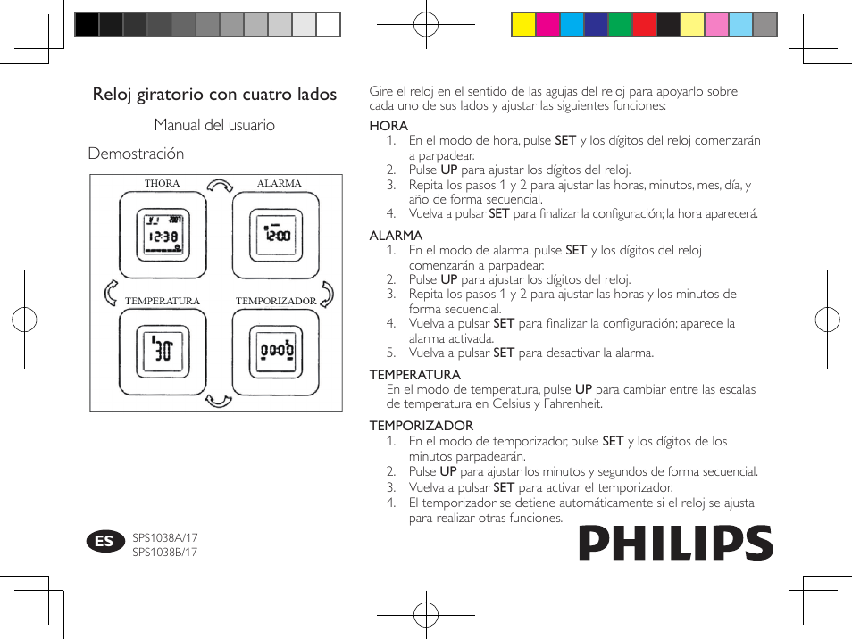 Reloj giratorio con cuatro lados, Manual del usuario demostración | Philips SPS1038B-17 User Manual | Page 2 / 2