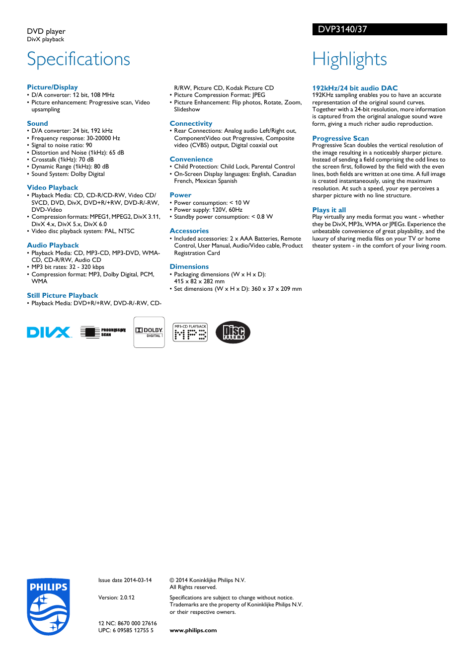 Specifications, Highlights | Philips DVP3140-37B User Manual | Page 2 / 2