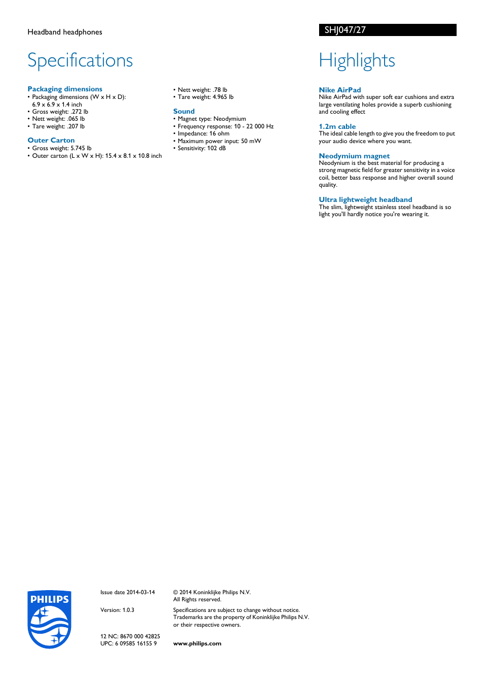 Specifications, Highlights | Philips SHJ047-27 User Manual | Page 2 / 2