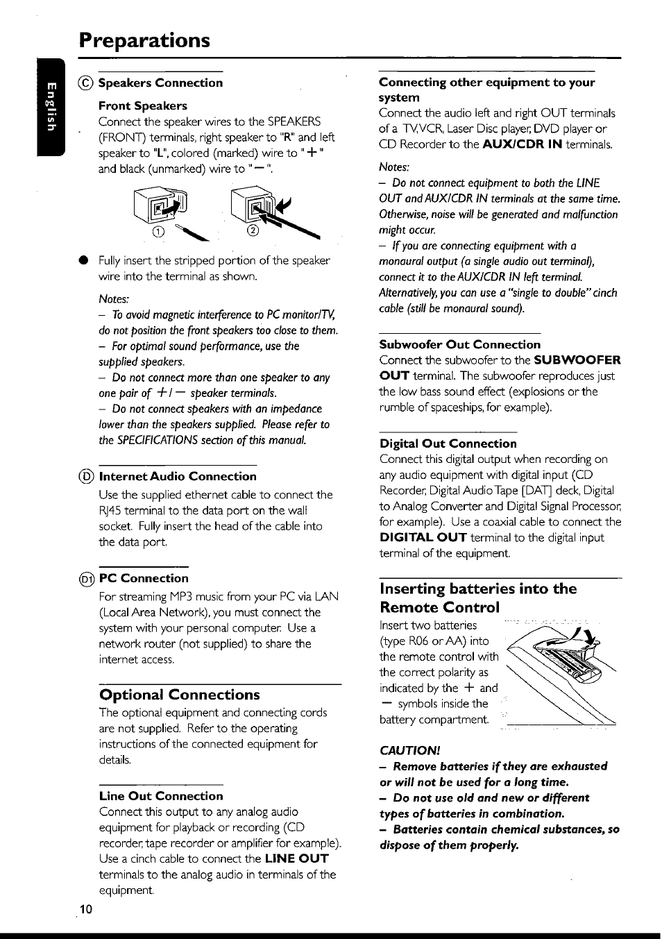 Preparations, Speakers connection, Internet audio connection | I pc connection, Optional connections, Line out connection, Connecting other equipment to your system, Subwoofer out connection, Digital out connection, Inserting batteries into the remote control | Philips FWI1000 User Manual | Page 10 / 106