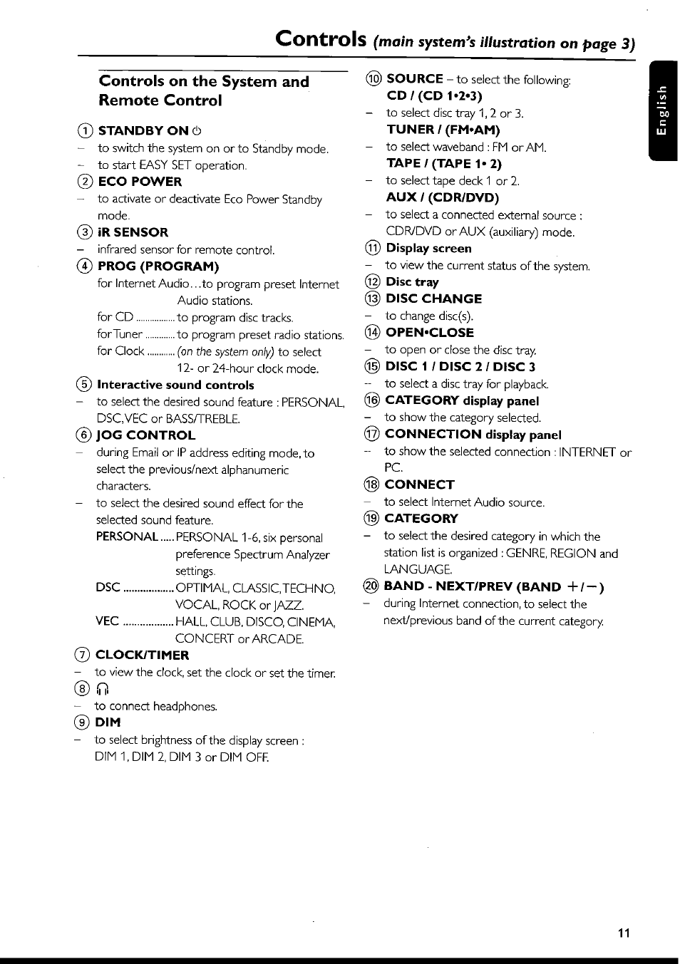 Controls on the system and remote control, Standby on, 2) eco power | Ir sensor, 4) prog (program), Jog control, Clock/timer, Tuner / (fm*am), Aux / (cdr/dvd), G) disc change | Philips FWI1000 User Manual | Page 11 / 106