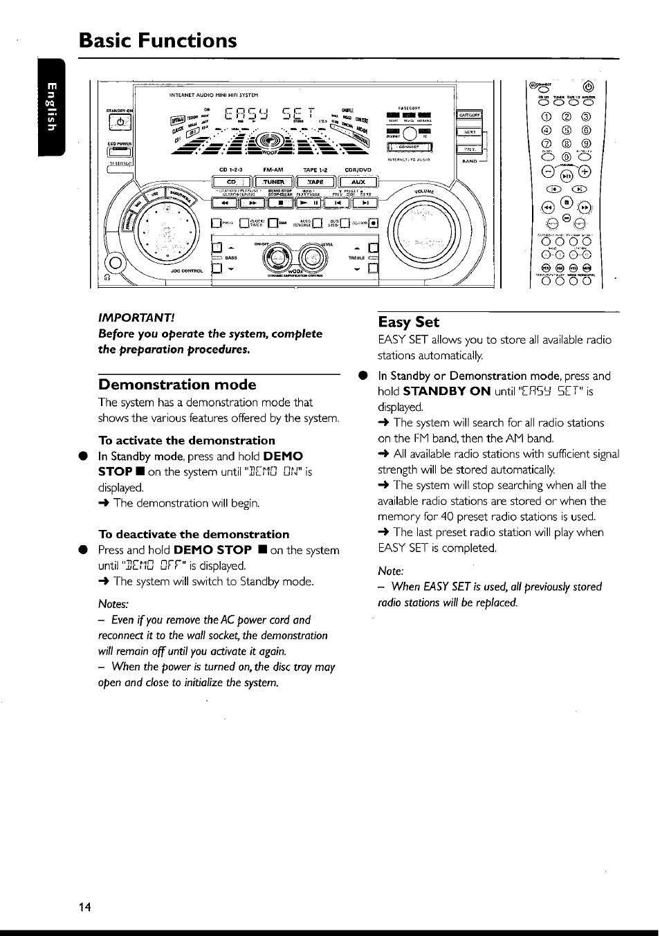 Demonstration mode, To activate the demonstration, To deactivate the demonstration | Easy set, E ® e, Basic functions | Philips FWI1000 User Manual | Page 14 / 106