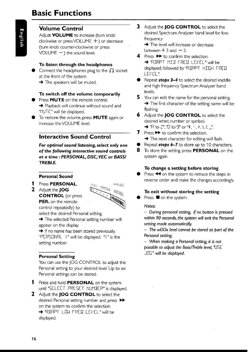 To listen through the headphones, To switch off the volume temporarily, Interactive sound control | Personal sound, Personal setting, To change a setting before storing, To exit without storing the setting, Interactive sound control -17, Basic functions, Volume control | Philips FWI1000 User Manual | Page 16 / 106