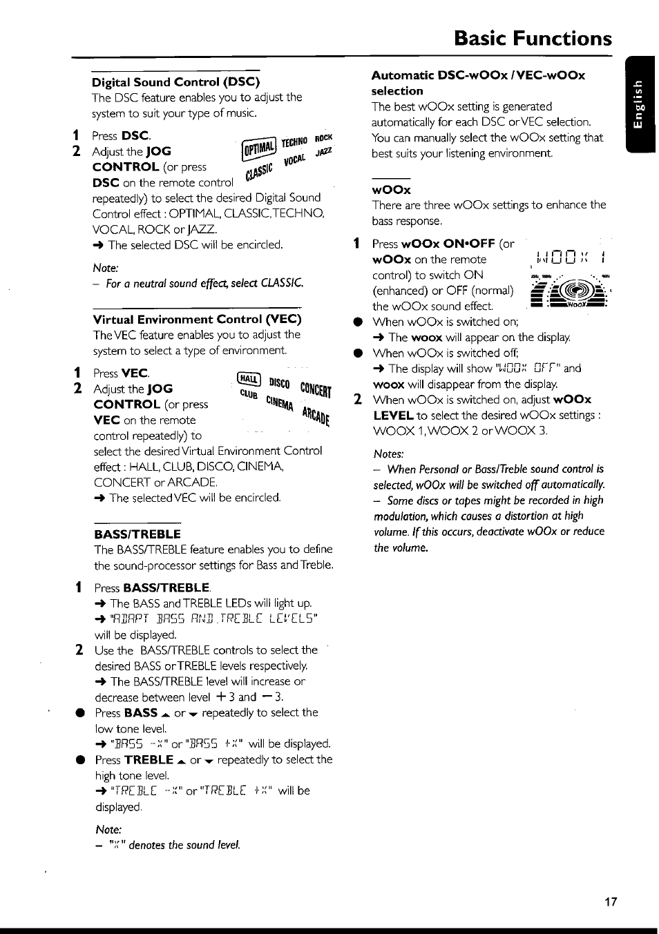 Digital sound control (dsc), Virtual environment control (vec), Automatic dsc-woox/vec->voox selection | Bass/treble, Woox, Basic functions, Concebt | Philips FWI1000 User Manual | Page 17 / 106