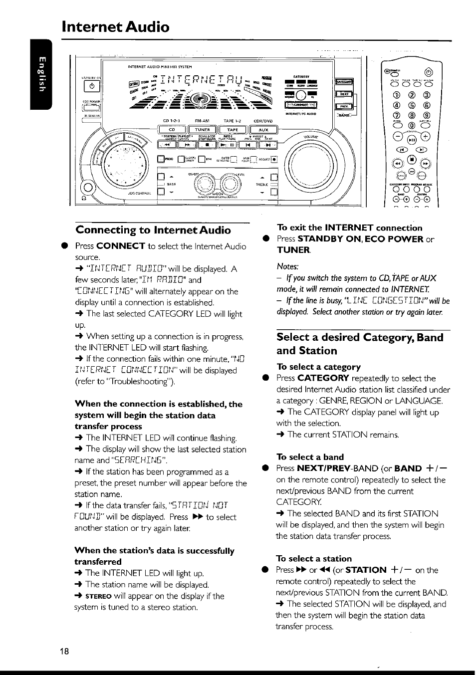 Connecting to internet audio, Select a desired category, band and station, To select a category | To select a band, Press next/prev-band (or band, To select a station, Internet audio | Philips FWI1000 User Manual | Page 18 / 106