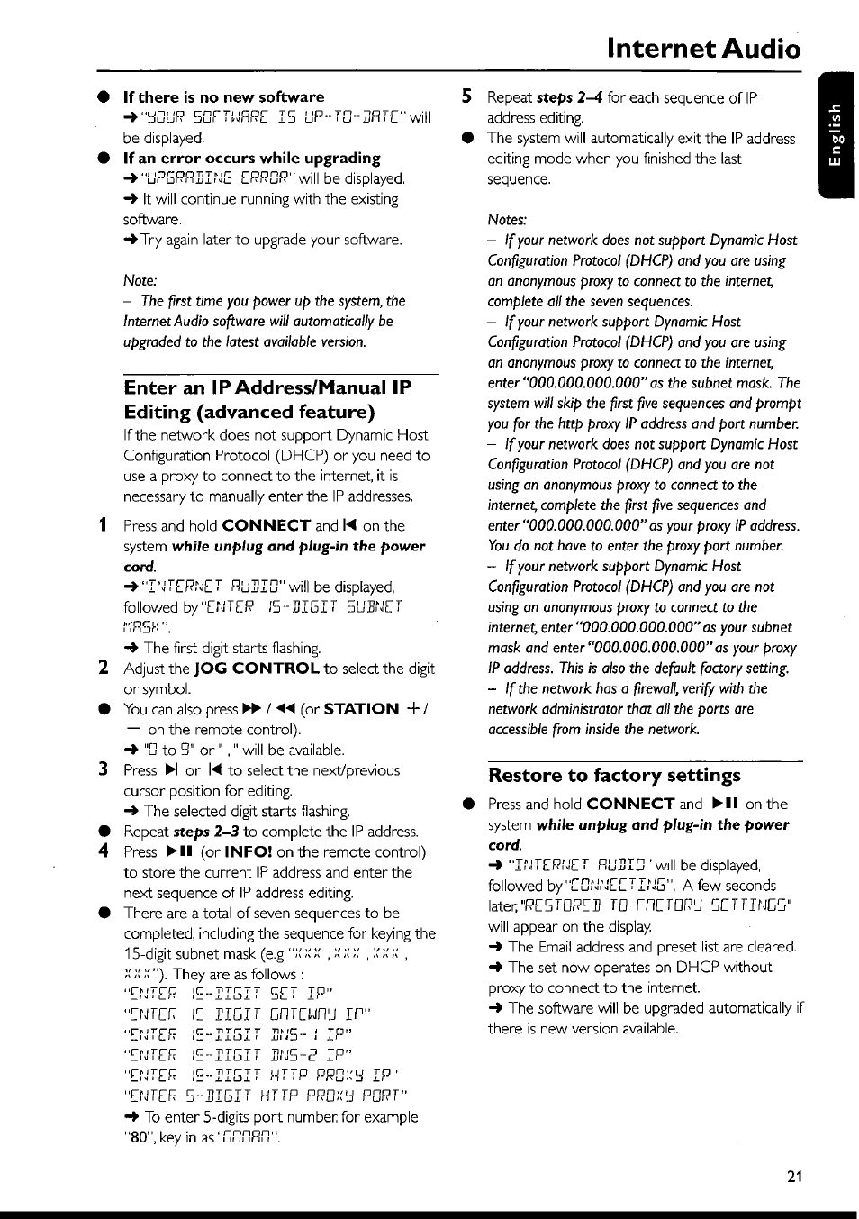 E if there is no new software, Restore to factory settings, Internet audio | Philips FWI1000 User Manual | Page 21 / 106