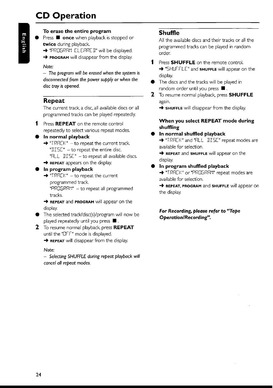 To erase the entire program, Repeat, Shuffle | When you select repeat mode during shuffling, Cd operation | Philips FWI1000 User Manual | Page 24 / 106