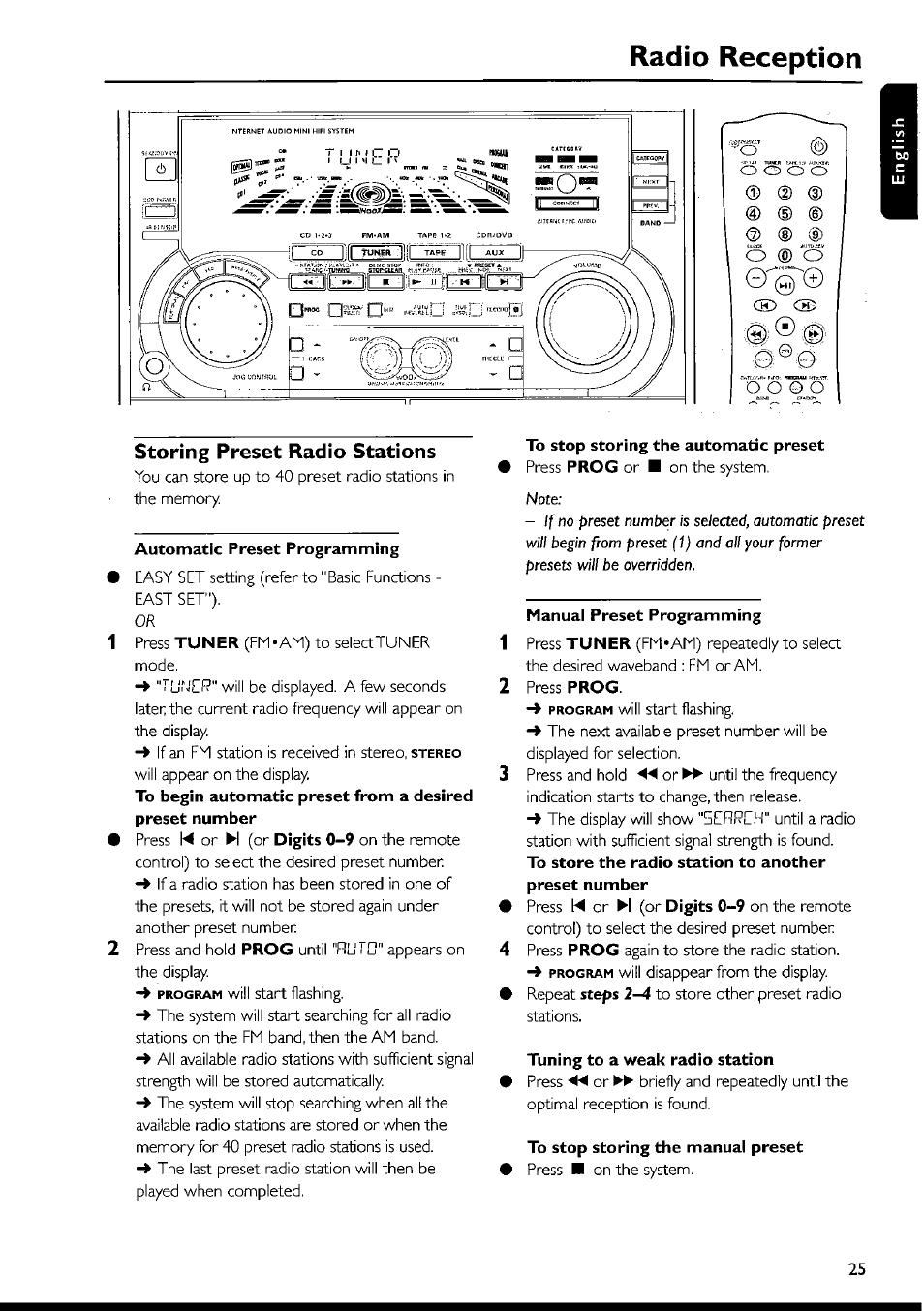 Radio reception, Storing preset radio stations, Automatic preset programming | To stop storing the automatic preset, Storing preset radio stations -26, A ® e | Philips FWI1000 User Manual | Page 25 / 106