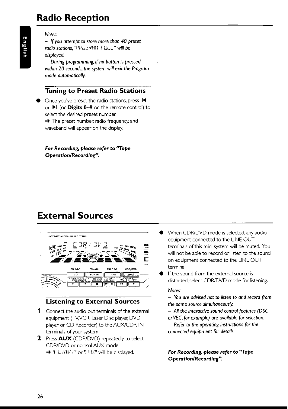 Radio reception, Tuning to preset radio stations, External sources | Listening to external sources | Philips FWI1000 User Manual | Page 26 / 106