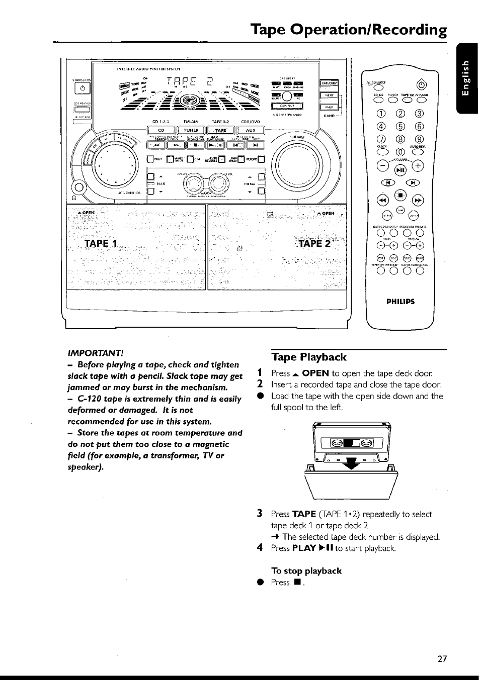 Tape playback, Tape playback -28, Tape operation/recording | Philips FWI1000 User Manual | Page 27 / 106