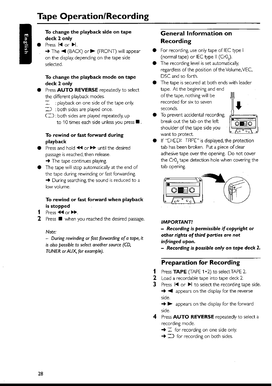 To change the playback side on tape deck 2 only, To change the playback mode on tape deck 2 only, To rewind or fast forward during playback | To rewind or fast forward when playback is stopped, General information on recording, Preparation for recording, Preparation for recording -29, Tape operation/recording | Philips FWI1000 User Manual | Page 28 / 106