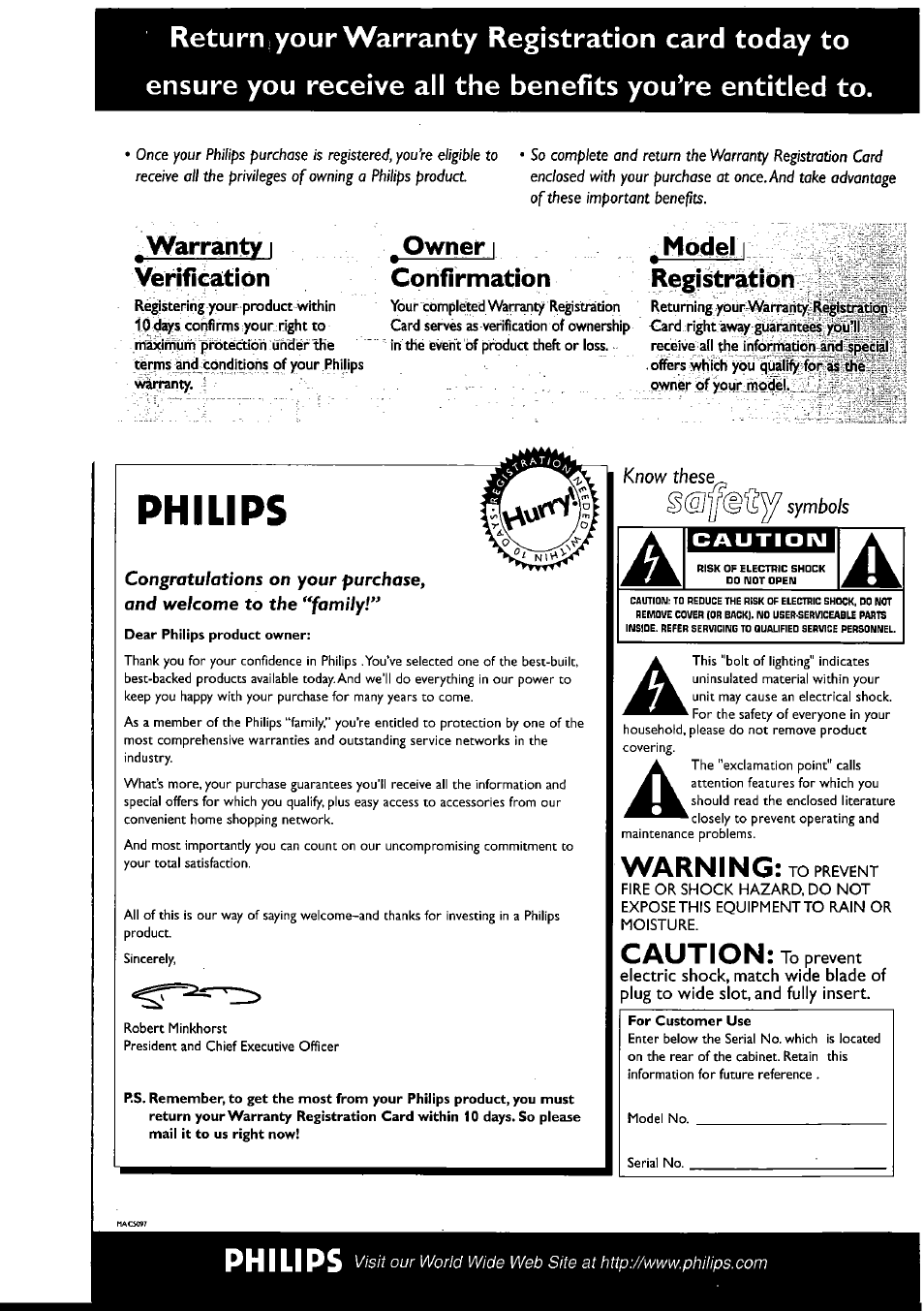 Philips, Warranty i verification, Owner i confirmation | Model i registration, Warning, Caution | Philips FWI1000 User Manual | Page 3 / 106