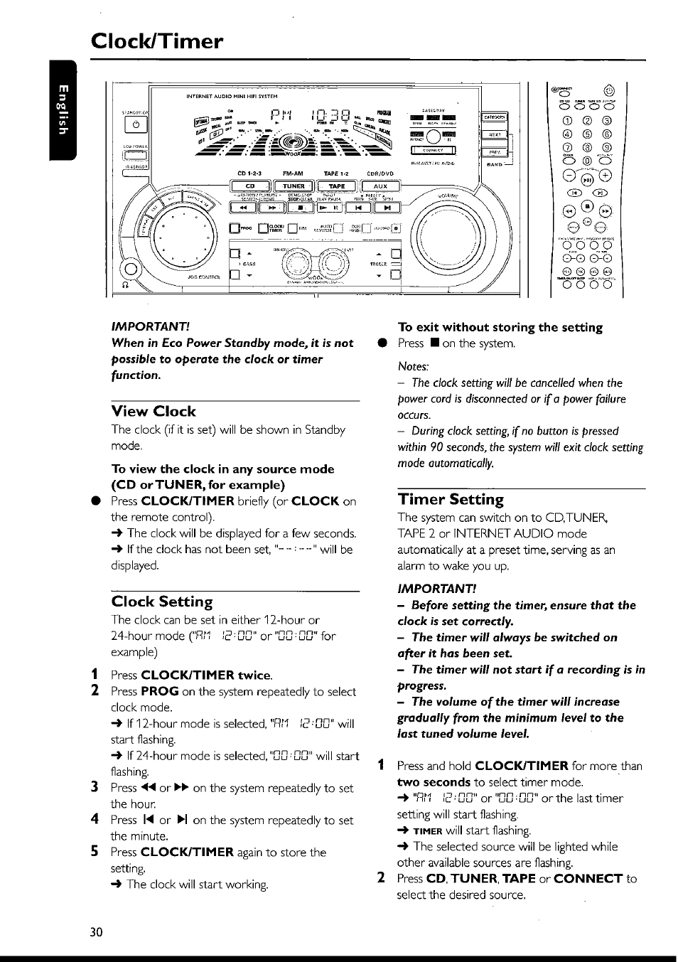 Clock/timer, View clock, Clock setting | 1 press clock/timer twice, To exit without storing the setting, Timer setting, Timer setting -31 | Philips FWI1000 User Manual | Page 30 / 106