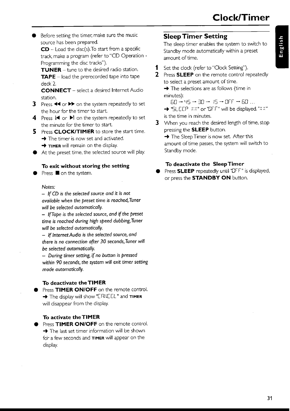 Clock/timer, To exit without storing the setting, To deactivate the timer | To activate thetimer, Sleep timer setting, To deactivate the sleep timer, Sleep or"arr, Ed-‘/5-3a- 15-arr-gc | Philips FWI1000 User Manual | Page 31 / 106