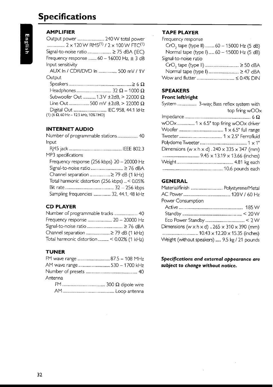 Specifications | Philips FWI1000 User Manual | Page 32 / 106