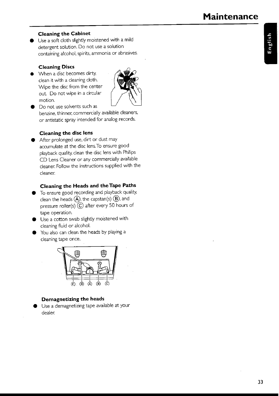 Cleaning the cabinet, Cleaning discs, Cleaning the disc lens | Cleaning the heads and the tape paths, Demagnetizing the heads, Maintenance | Philips FWI1000 User Manual | Page 33 / 106