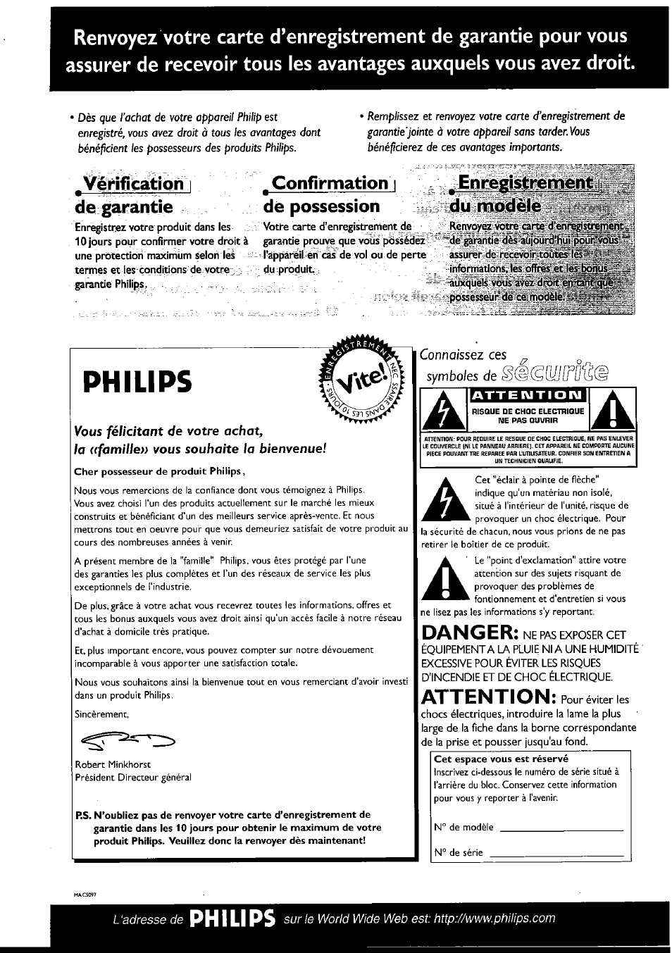 Philips, Vêrificatiori i de garantie, Confirmation i de possession | Enregistrement i du modèle, Dan g e r, Attention | Philips FWI1000 User Manual | Page 37 / 106