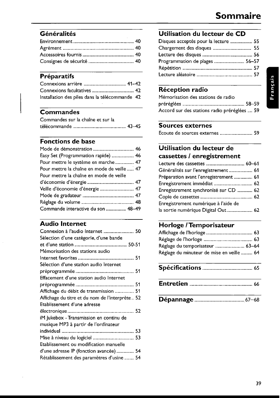 Sommaire, Commandes, Fonctions de base | Audio internet, Utilisation du lecteur de cd, Réception radio, Sources externes, Horloge / temporisateur, Spécifications, Entretien | Philips FWI1000 User Manual | Page 39 / 106