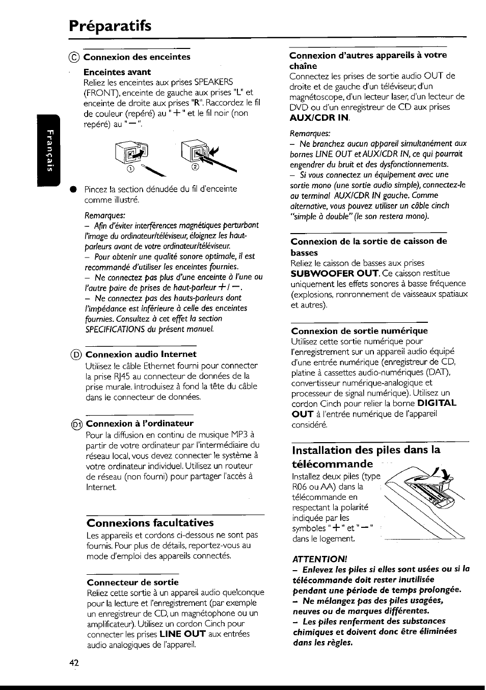 Préparatifs, Connexion des enceintes enceintes avant, Connexion audio internet | Connexion à l’ordinateur, Connexions facultatives, Connecteur de sortie, Connexion d’autres appareils à votre chaîne, Connexion de la sortie de caisson de basses, Connexion de sortie numérique, Installation des piles dans la télécommande | Philips FWI1000 User Manual | Page 42 / 106