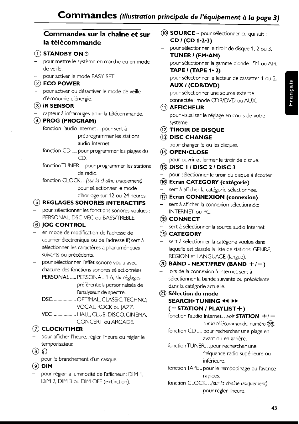 Commandes sur la chaîne et sur la télécommande, Standby on 0, Jog control | Tiroir de disque disc change, Open*close, Connect, Commandes sur la chaîne et sur la, Télécommande —45, Comm3.nd6s | Philips FWI1000 User Manual | Page 43 / 106