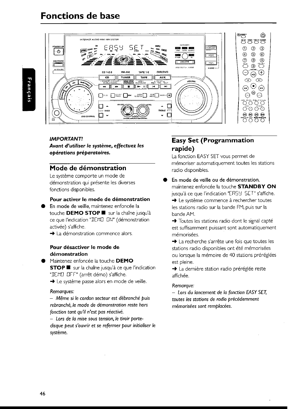 Mode de démonstration, Pour activer le mode de démonstration, Pour désactiver le mode de démonstration | Easy set (programmation rapide), Fonctions de base, O’o o | Philips FWI1000 User Manual | Page 46 / 106