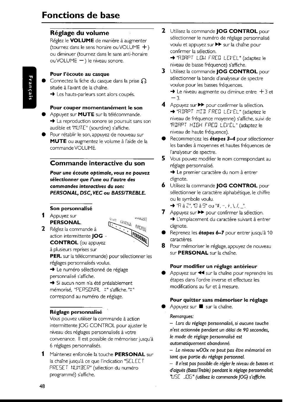 Pour l’écoute au casque, Pour couper momentanément le son, Commande interactive du son | Son personnalisé, Réglage personnalisé, Pour modifier un réglage antérieur, Pour quitter sans mémoriser ie régiage, Commande interactive du son —49, Fonctions de base, Réglage du volume | Philips FWI1000 User Manual | Page 48 / 106