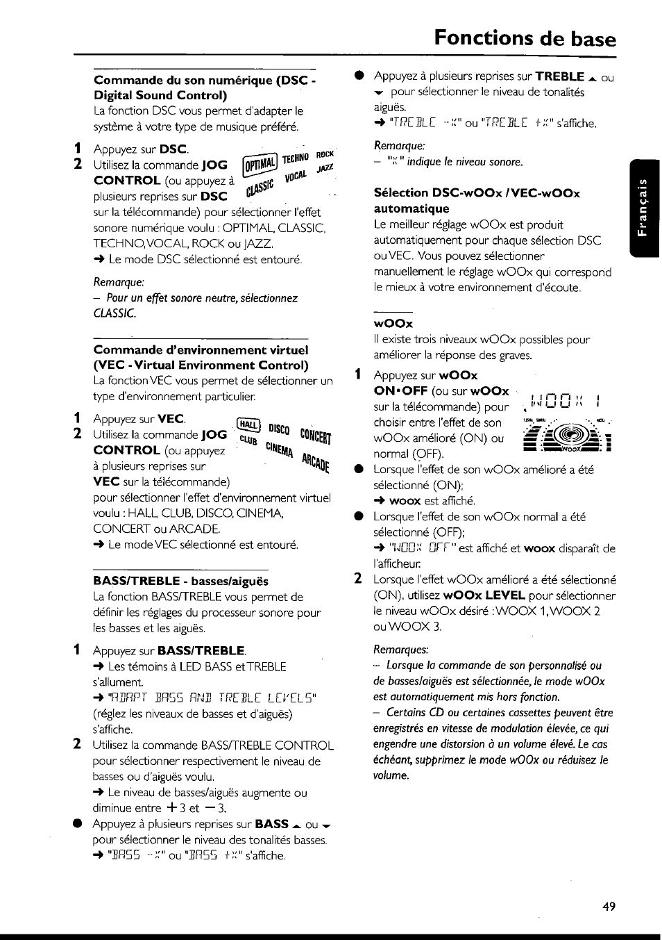 Sélection dsc-woox /vec-woox automatique, Bass/treble - basses/aiguës, Woox | Fonctions de base | Philips FWI1000 User Manual | Page 49 / 106